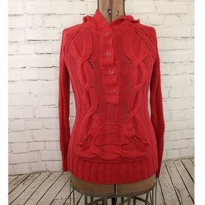 3/30 Vintage Vanity Cable Knit Pullover Sweater w/ Hood Red